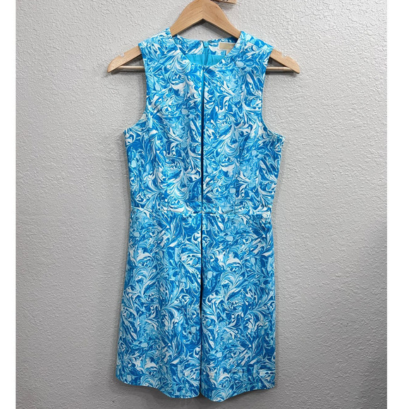 MICHAEL KORS BLUE WHITE PLEATED FRONT HIGH NECK SLEEVELESS DRESS Size 4 - Picture 12 of 14